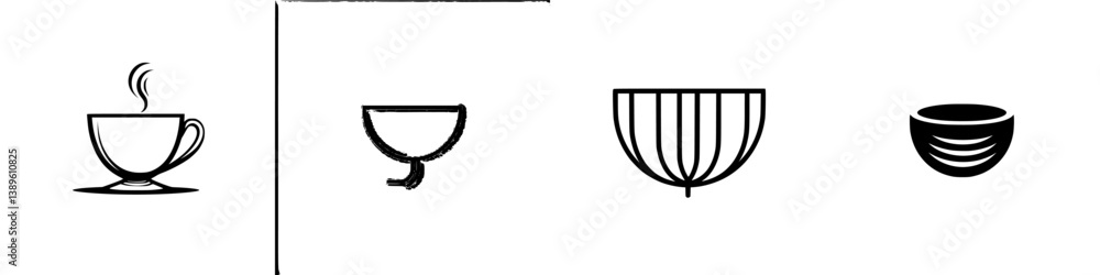 Poster collection of minimalist line icons representing various types of cups and bowls for design and illu