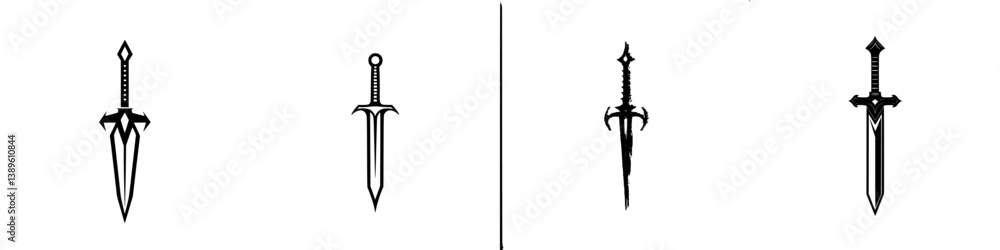 Poster minimalist line icons depicting swords for design and illustration projects in various styles and sh