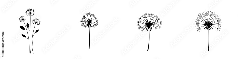 Poster set of vector minimalist line icons representing various flower designs with unique shapes and sizes