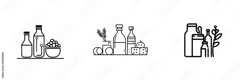 Poster vector minimalist line icons depicting various beverages and food items arranged in a clean layout