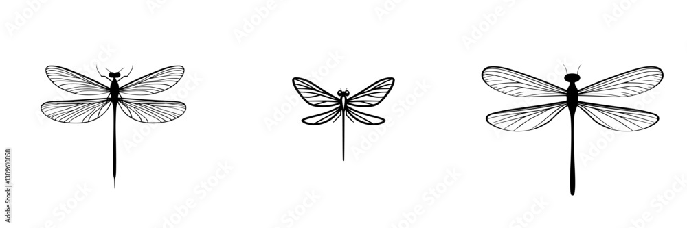 Poster minimalist line icons of dragonflies showcasing various sizes and designs in a clean, modern style f