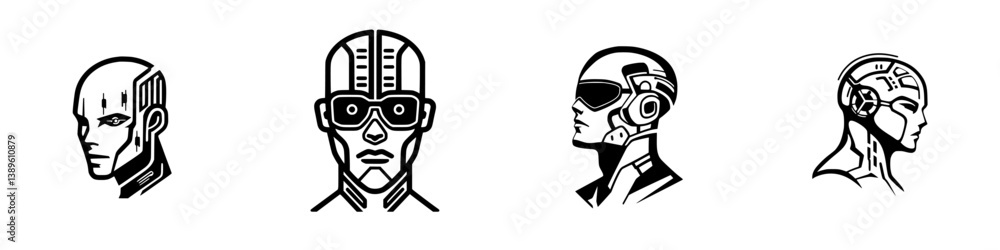Aufkleber minimalist line icons showcasing various futuristic humanoid robot designs in a clean vector style
