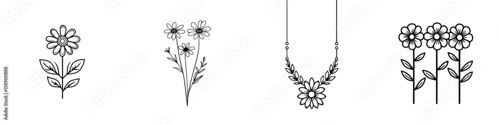 Poster collection of vector minimalist line icons featuring various flower designs for digital or print use