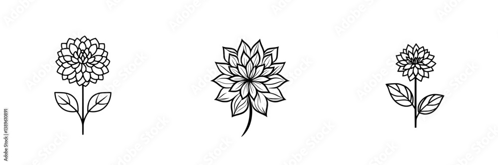 Poster minimalist line icons representing various flower designs for graphic projects and digital use