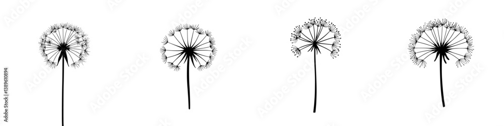Poster set of minimalist line icons depicting dandelions in various stages of bloom and decay for design pu