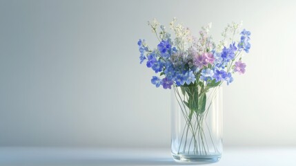 Fresh Blue and Purple Flowers in Clear Glass Vase on Light Background