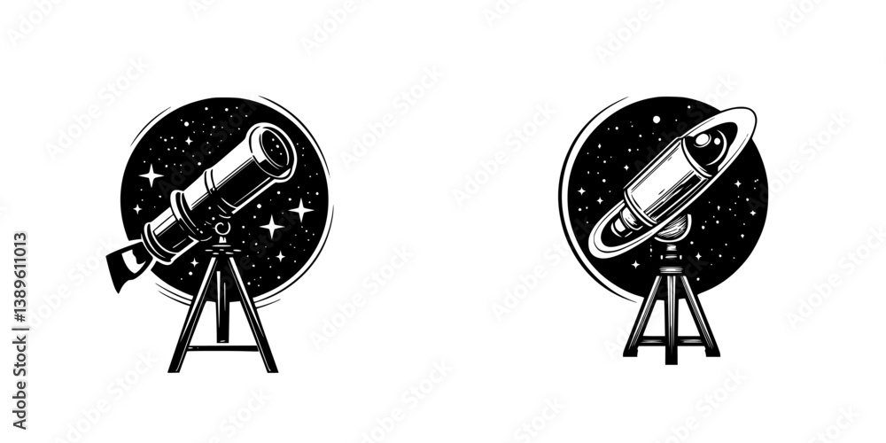 Poster collection of minimalist vector line icons illustrating telescopes and planets for astronomy enthusi