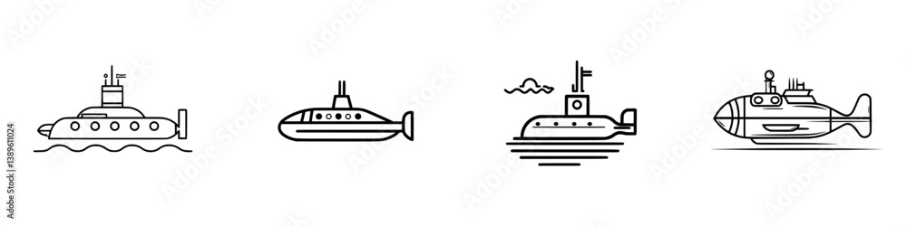 Poster collection of minimalist vector line icons featuring various submarine designs in a simple and sleek