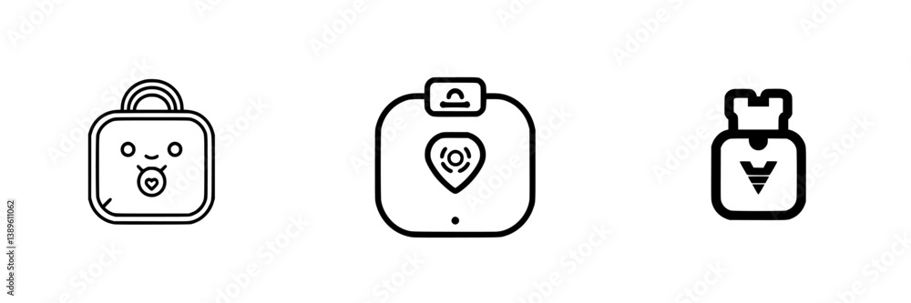Poster set of vector minimalist line icons representing various security and tracking symbols for digital a