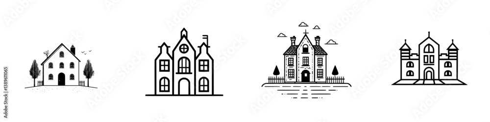Poster minimalist vector line icons representing various house designs in a simple and elegant style for gr