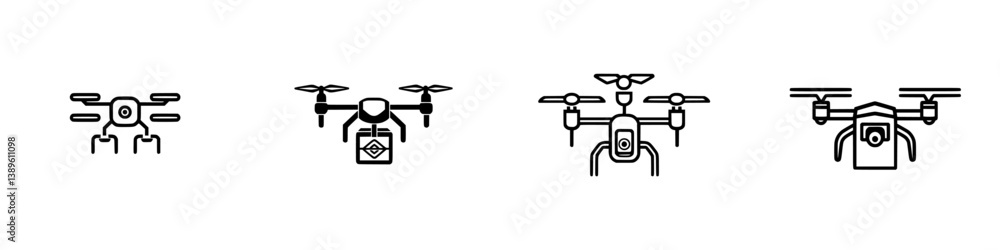Poster set of minimalist line icons representing various types of drones for design and educational project
