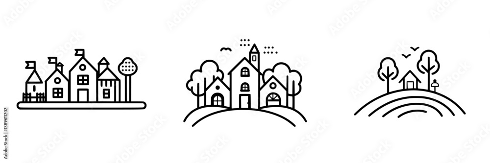 Poster collection of minimalist line icons depicting various village and town elements with trees and build
