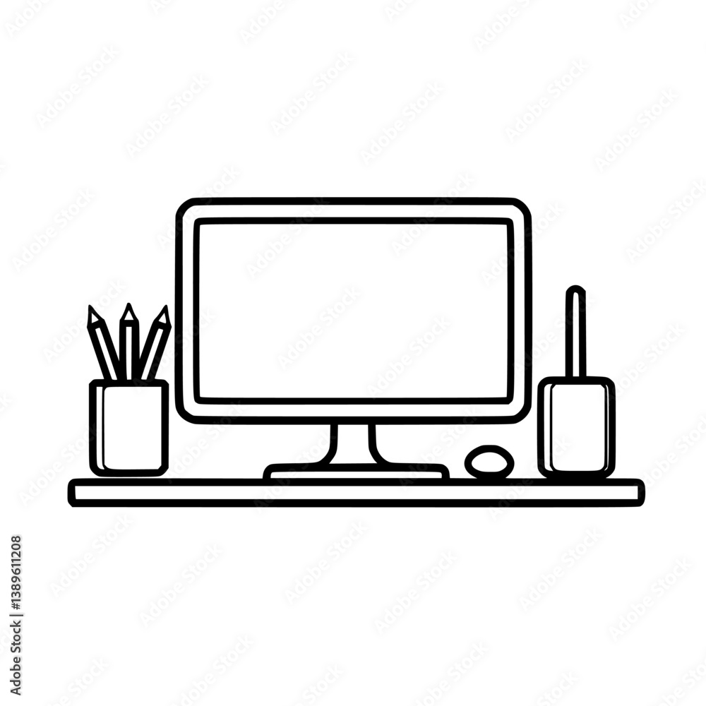 Poster minimalist line icons showcasing a computer setup with accessories for a clean workspace design