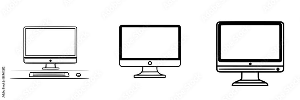 Poster collection of minimalist line icons depicting various computer monitor designs showcasing sleek and 