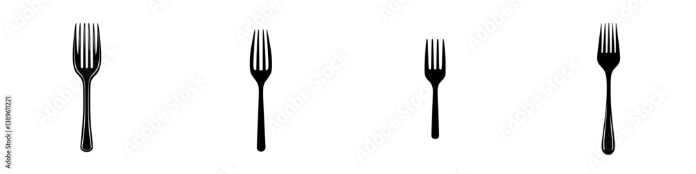 Poster minimalist line icons of fork designs featuring four unique variations for culinary themes