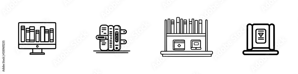 Poster vector minimalist line icons representing a digital library interface, stacked books, a bookshelf, a