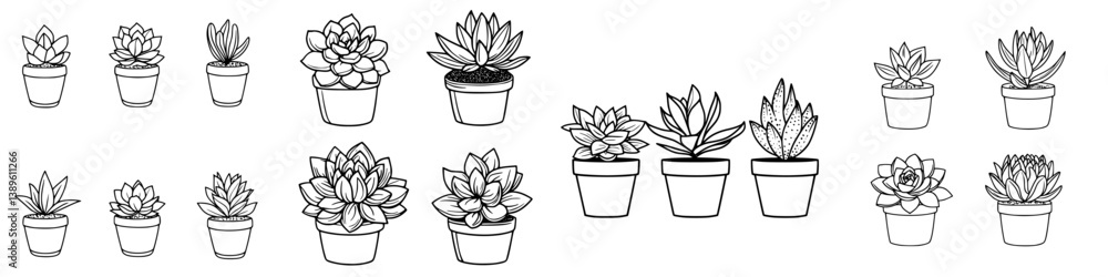 Poster collection of vector minimalist line icons featuring various potted succulents in different styles a
