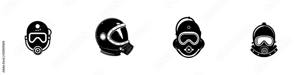 Poster collection of minimalist vector line icons showcasing various helmet designs used in diving and astr
