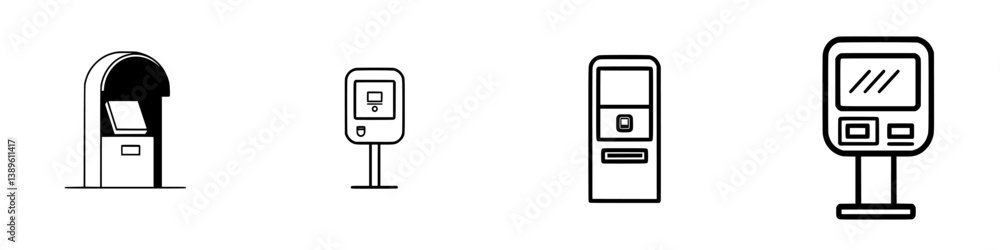 Poster collection of minimalist line icons featuring kiosks and vending machines in a simple, modern style 