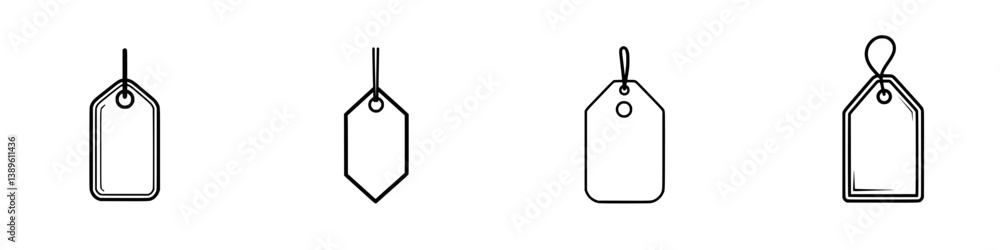 Poster collection of minimalist line icons featuring various tag designs for versatile graphic applications