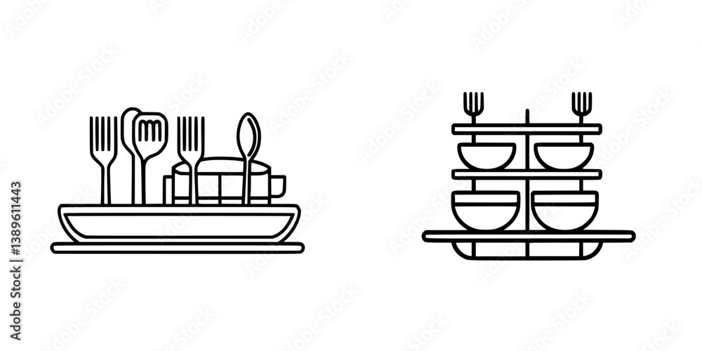 Poster minimalist line icons representing dining utensils and dishware in a stylized design for various use