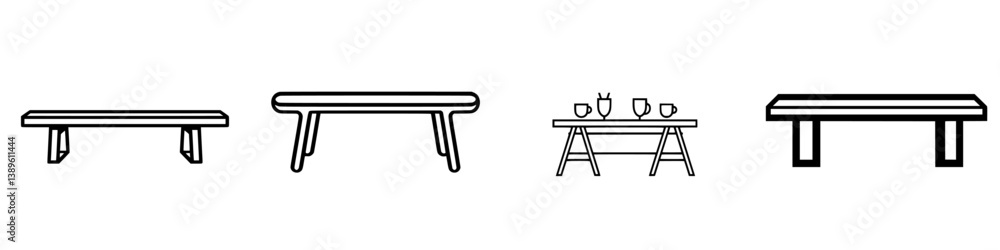 Poster collection of minimalist line icons featuring various styles of benches and tables suitable for desi