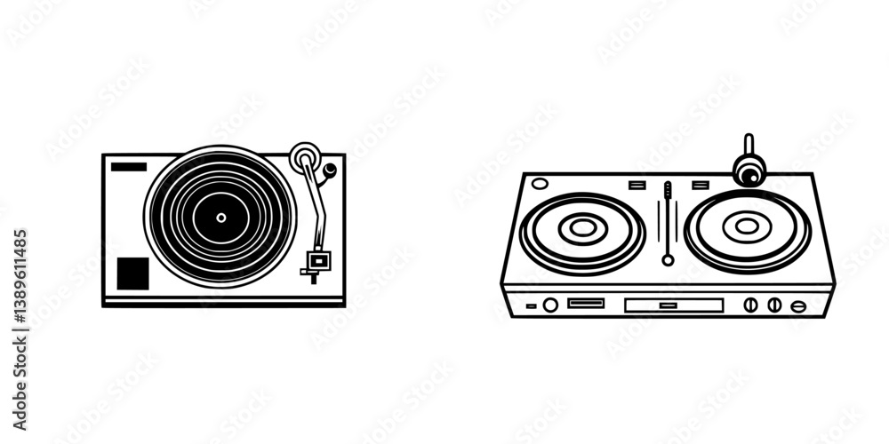 Poster set of minimalist vector line icons representing a turntable and a dj mixer for music-related design