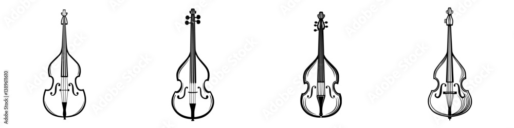 Poster minimalist line icons representing various string instruments arranged in a captivating formation fo