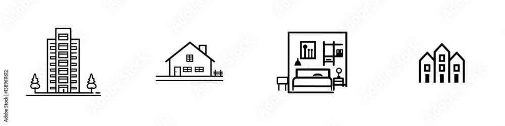 Poster minimalist line icons representing various types of buildings and interiors for design and architect