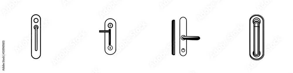 Poster collection of vector minimalist line icons showcasing various door handle designs in a contemporary 