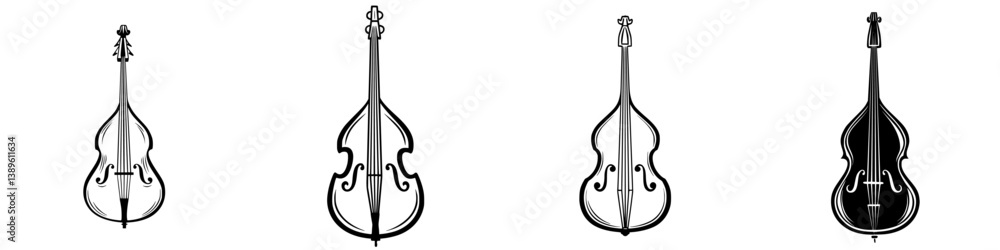 Poster set of minimalist line icons depicting various string instruments in a simple design