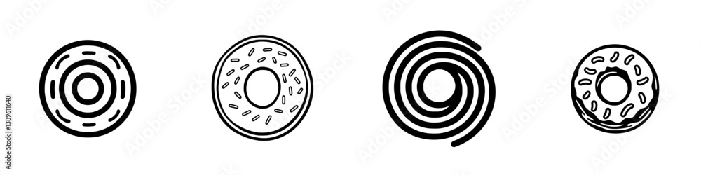 Poster collection of minimalist line icons representing various types of donuts in a simple and clean desig