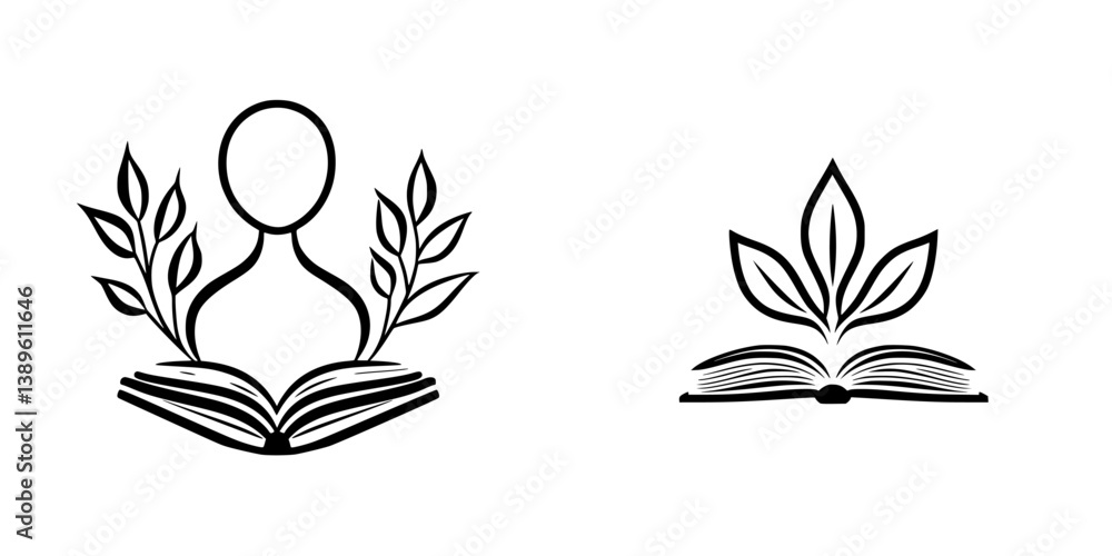 Poster minimalist vector line icons depicting a person reading and a book with leaves representing knowledg