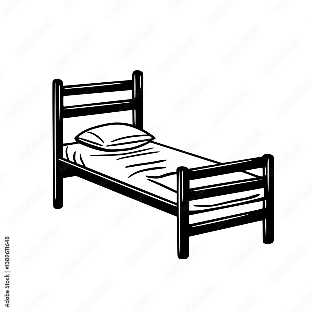 Poster minimalist line icon of a single bed, showcasing a simple design suitable for various uses in graphi