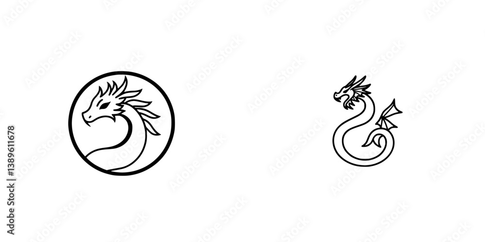 Poster minimalist vector line icons representing dragon designs for various creative projects and branding 