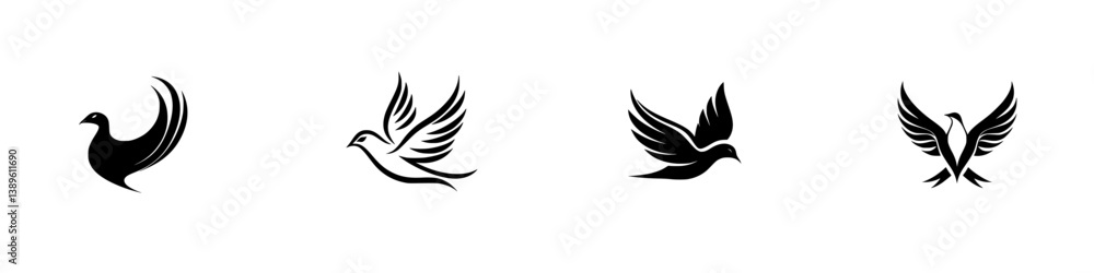 Poster set of minimalist vector line icons representing various bird silhouettes in dynamic poses