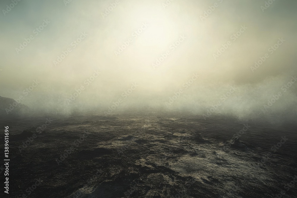 Poster ethereal foggy seascape with dark water and sunlight reflecting off surface in overcast weather crea