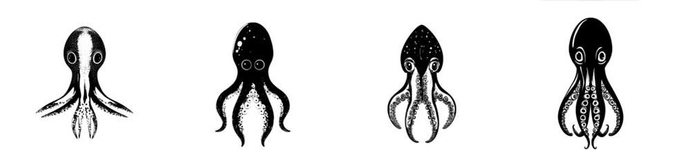 The modern calamari mollusk, a cartoon squid, is an underwater animal and a sea creature, characterized as an invertebrate marine fauna inhabitant with pink skin and tentacles, living an isolated