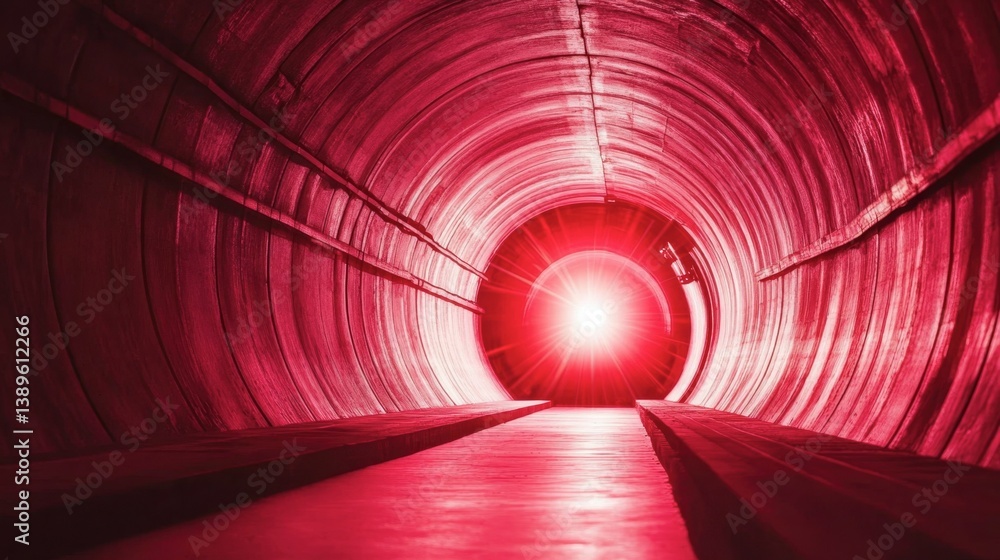 Poster red tunnel with bright light at the end in a dark environment