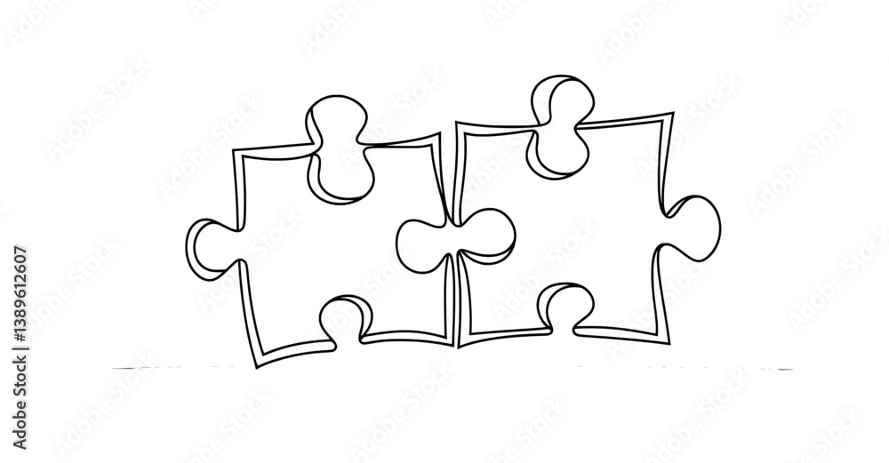 Poster modern illustration featuring a continuous line drawing of two interconnected puzzle pieces with a f