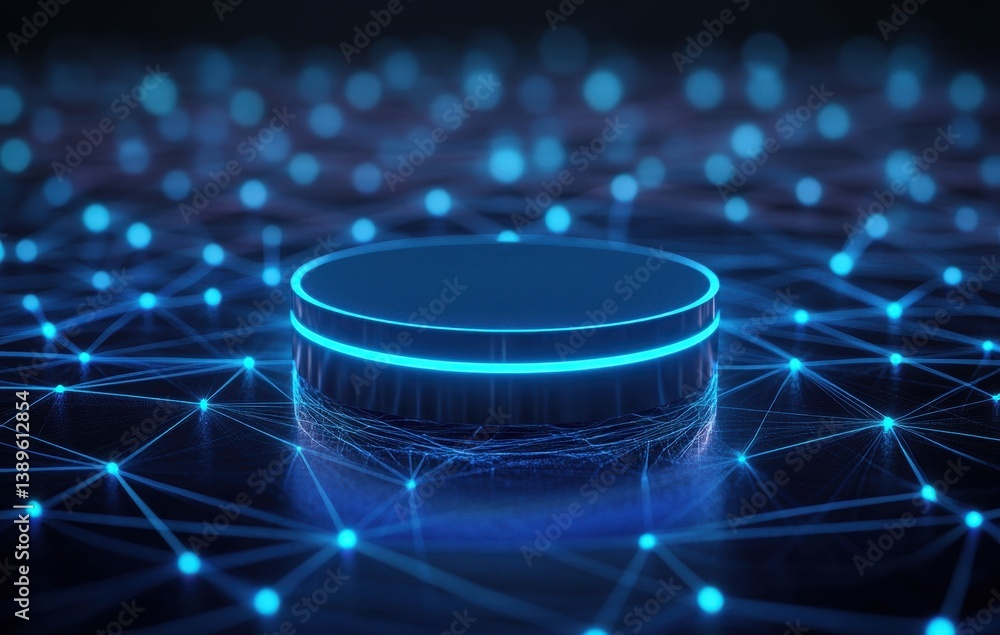 Aufkleber Futuristic Blue Abstract Digital Database Connection Technology with Glowing Spheres and Network Grid Visualization for Cloud Computing and Artificial Intelligence