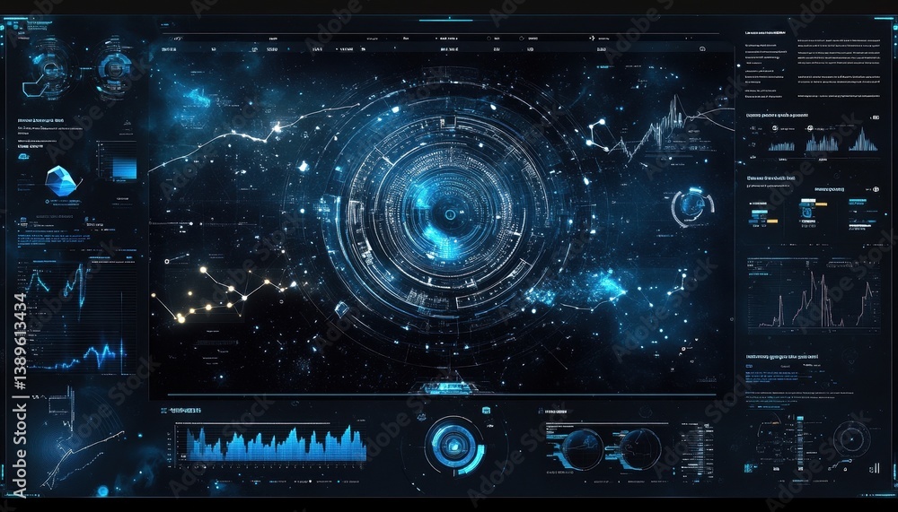 Fototapete Futuristic Interface Displaying Data Visualizations with Intricate Networks of Glowing Points and Lines in a Dark Blue and Black Color Scheme for Advanced Technological Analysis