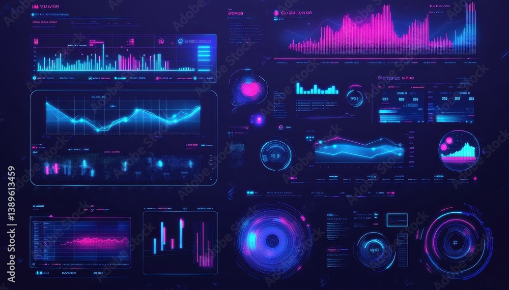 Leinwandbilder Futuristic Neon Data Dashboard with Pink and Blue Graphs Displaying Analysis on a Dark Background Featuring Cyber Technology Elements and Digital Visualization