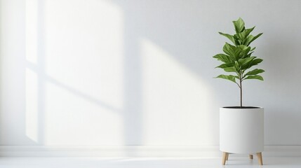 Obraz premium A potted green plant standing on a white floor in a minimalist room, natural sunlight casting soft shadows, and serene indoor decor concept.