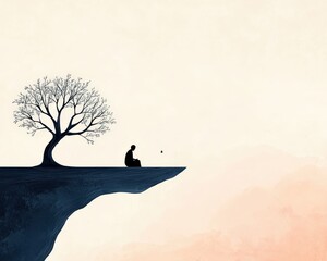 A man sits on a ledge overlooking a body of water. The scene is serene and peaceful