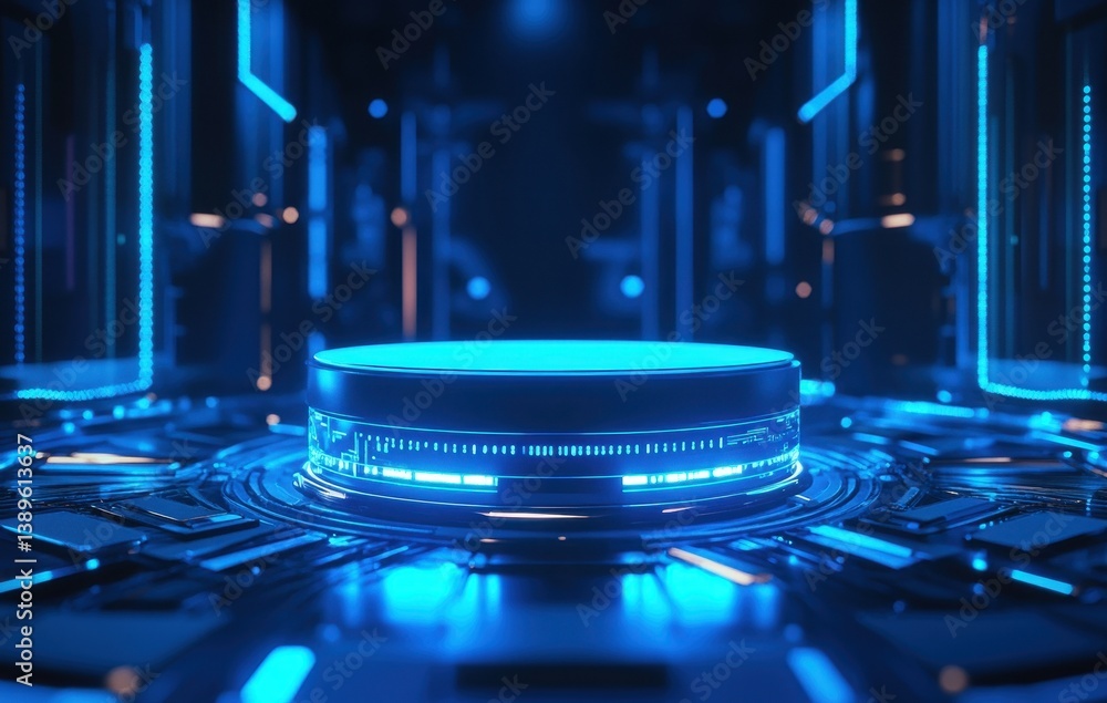 Aufkleber Futuristic Technology Platform in Dark Blue Tones Digital Cyberspace Glowing Machine Surface Circuit Patterns Science Fiction Abstract Background with AI Innovation
