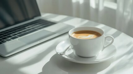 Coffee Break with Laptop on a White Table