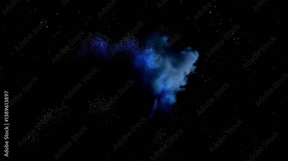 Poster dynamic blue particle explosion with swirling energy trails in deep space