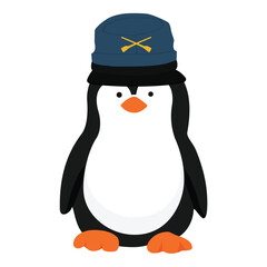 Vector icon little penguin. Penguin cartoon character in army military hat, kepi