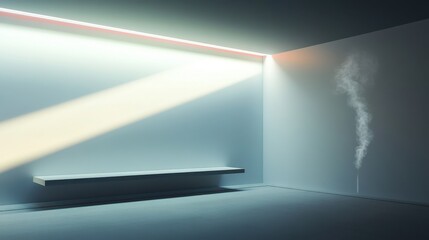 Obraz premium Ultra-modern smoking room concept with light strips, minimalist bench, and digital air filters